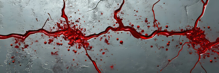 Poster - Crimson bolts spread across a textured silver surface in an abstract display