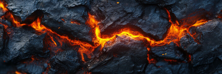 Poster - Bright fire streaks glow between dark volcanic rock formations in a dynamic display of nature