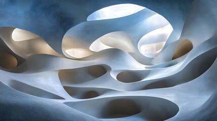 Fototapete - Room interior with large white wall and blue sky plaster texture featuring soft flowing patterns