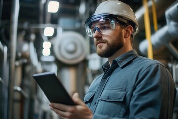 Poster - engineer with augmented reality glasses . a man in a hard hat and safety glasses, demonstrating safe