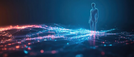 Poster - A digital silhouette of a person standing amidst a vibrant network of glowing connections and data points