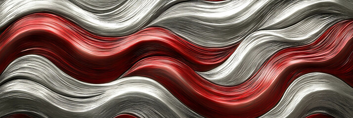 Poster - Wavy patterns of scarlet and silver textures create a dynamic visual flow in abstract art