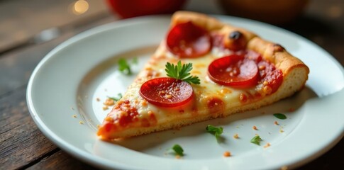 Wall Mural - A delectable slice of pepperoni pizza, featuring melted cheese and a vibrant red sauce, rests on a pristine white plate, adorned with fresh herbs, creating a mouthwatering culinary scene.