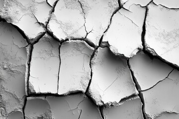 Poster - A close-up of cracked white paint on a textured wall, showcasing intricate patterns of damage, peeling, and decay with an artistic monochrome effect.