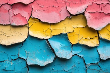 Poster - A close-up view of colorful, cracked paint layers showcasing vibrant colors like pink, blue, and yellow, perfect for artistic and design backgrounds.