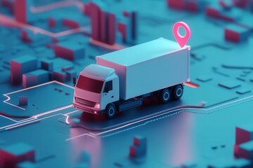 Wall Mural - Digital map with ai in gps for delivery innovation and future transport logistics . 3D rendering of a truck driving on a road, marked by a map pin indicating a specific location.