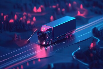 Poster - Digital map with ai in gps for delivery innovation and future transport logistics . 3D rendering of a truck driving on a road, marked by a map pin indicating a specific location.