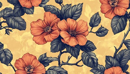Poster - Vintage floral seamless pattern with detailed orange flowers and dark leaves on a yellow background.