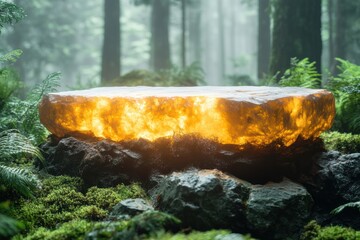 Aufkleber - A glowing amber stone rests on moss-covered rocks in a serene forest, illuminated by soft, diffused light through the trees, evoking tranquility and wonder.