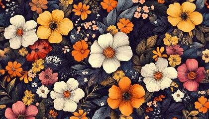 Poster - Vibrant floral pattern with orange, yellow, and white flowers on a dark background.