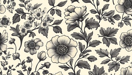 Poster - Elegant monochrome floral pattern with detailed botanical illustrations on a cream background, seamless repeat.