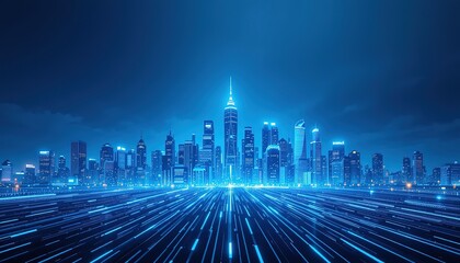 Poster - Futuristic city skyline with glowing digital lines in a blue background. Futuristic skyline design, 8k photo