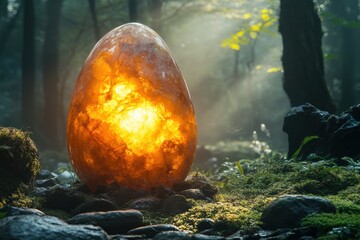 Poster - A mystical illuminated egg rests in a serene forest scene, surrounded by soft moss and dappled sunlight, evoking a sense of wonder and enchantment.