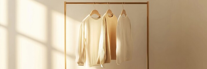 Aufkleber - Minimalist clothing rack showcasing neatly arranged garments in soft neutral tones and natural light. Generative AI