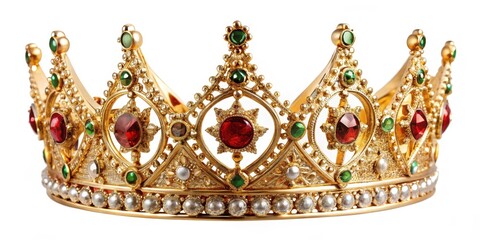 Wall Mural - Gold Crown with Red and Green Gems on White Background