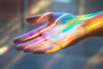 Poster - close-up of a leader's hand shaking a holographic hand, representing the merging of human leadership