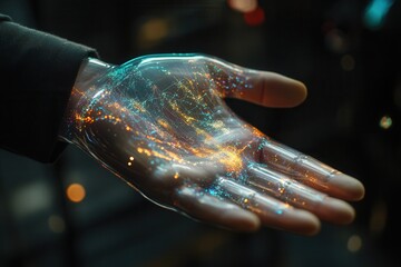Poster - close-up of a leader's hand shaking a holographic hand, representing the merging of human leadership
