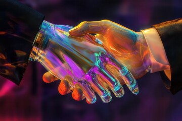 Poster - close-up of a leader's hand shaking a holographic hand, representing the merging of human leadership