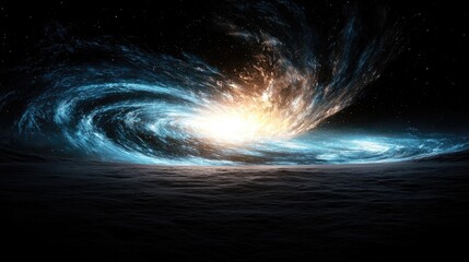 Spiral galaxy over alien planet, cosmic scene, space exploration, science fiction background
