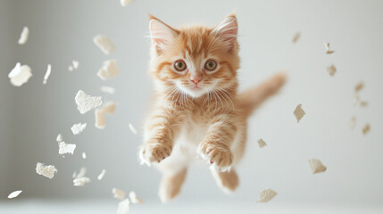 Wall Mural - Adorable orange kitten jumping on white background.