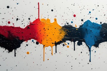 Fototapete - A vibrant abstract artwork showcasing splashes of red, yellow, blue, and black paint against a white background, perfect for creative projects.