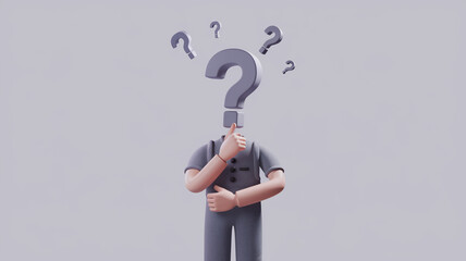 Poster - A 3D animated humanoid figure with a large question mark head, symbolizing confusion, doubt, or curiosity, representing a person deep in thought or searching for answers.