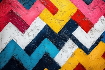 Poster - A vibrant abstract pattern featuring colorful zigzag shapes in red, blue, yellow, white, and black. Ideal for modern design projects or backgrounds.