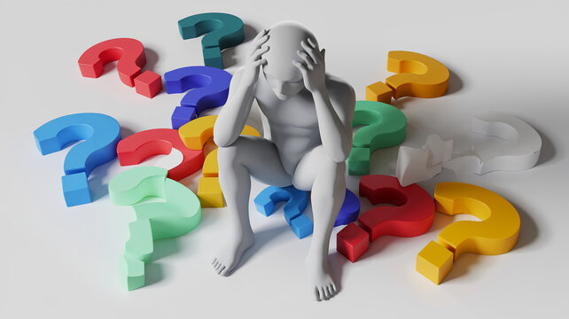 A 3D rendered white humanoid character sitting in distress surrounded by colorful question marks, symbolizing confusion, uncertainty, and the overwhelming nature of decision-making.