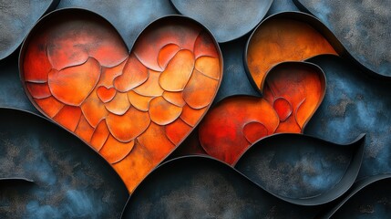 Poster - A vibrant heart art piece, blending red and orange tones against dark textured waves, symbolizing love, connection, and emotional depth.