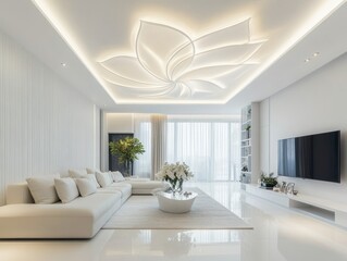 Wall Mural - Modern living room, white interior, recessed lighting, floral ceiling design, luxury apartment