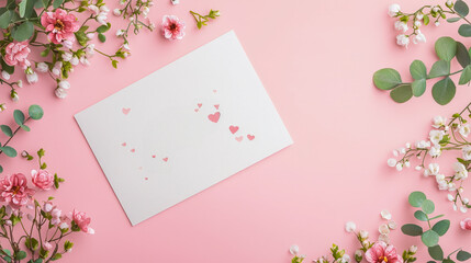 Poster - Greeting card surrounded by delicate flowers on a soft pink background during springtime