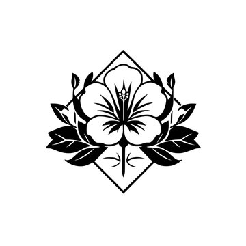 Vectorized floral design features an outlined flower, set against a diamond frame, rendered in black on a white background.