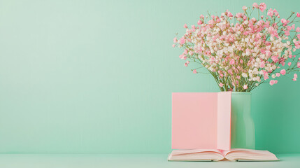 Aufkleber - Soft pink flowers in a vase beside an open book on a light teal surface create a serene setting perfect for relaxation