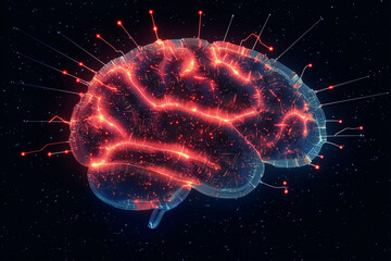 Poster - Illuminated Brain: A mesmerizing 3D rendering of a human brain, glowing with vibrant red and blue neural pathways, evokes concepts of intelligence, consciousness.