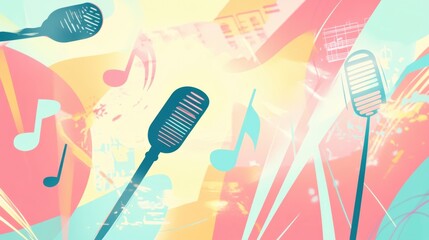 Poster - Bright minimalist K pop inspired background featuring lively music notes and stylish microphones in a vibrant setting. Generative AI