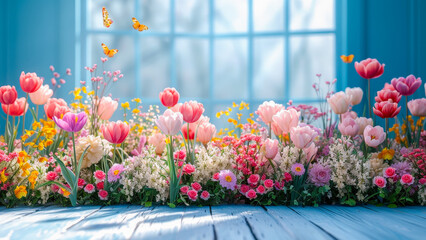 Poster - Colorful flowers and butterflies fill a bright room by a window in springtime