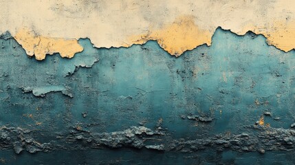 Poster - An abstract image of a weathered wall showing peeling paint in shades of blue and beige, evoking a sense of decay and artistic texture.
