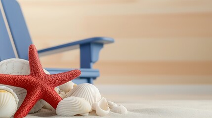 Poster - A vibrant red starfish and assorted seashells resting on sandy ground near a blue beach chair