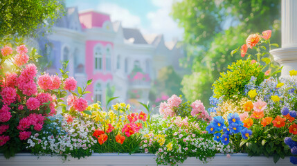 Poster - Lush garden blooms in vibrant colors surrounding a charming building near a sunny park