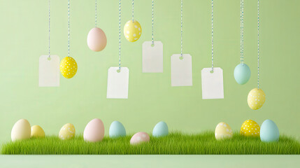 Poster - Colorful Easter eggs and tags suspended over bright green grass creating a festive spring atmosphere