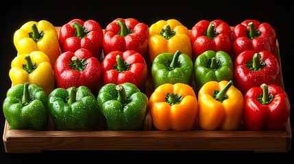 Poster - Colorful bell peppers in wooden tray, dark background, fresh produce