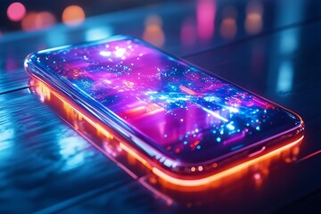 Poster - Neon-lit smartphone displaying vibrant city lights.