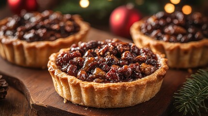 Wall Mural - Three festive fruit tarts on a wooden board, perfect for holiday gatherings.