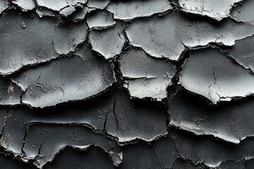 Poster - Close-up view of cracked and peeling black paint on a surface, showcasing textures and patterns. Ideal for design, backgrounds, and artistic inspiration.