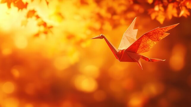 origami crane transforming into a majestic bird in mid-flight against autumn glow