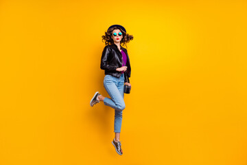 Wall Mural - full length photo of cute charming girl jump send air kiss on her journey attract men wear black lea