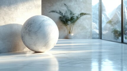Aufkleber - Modern interior with polished marble floors, a large spherical object, and potted plants, creating a serene atmosphere filled with natural light.