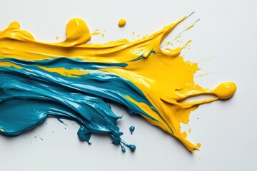 Poster - A blend of vibrant yellow and teal paint swirls together, forming an abstract design on a smooth white background, showcasing artistic creativity