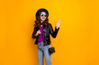 © deagreez - Bye-bye wonderful city Photo of pretty lady leaving home saying good-bye foreign friends wear stylish outfit with shoulder clutch isolated yellow background