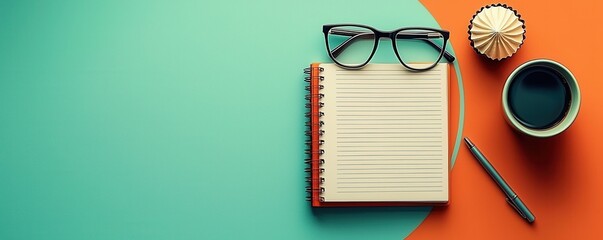 Poster - Modern workspace essentials with notebook, glasses, coffee, and pen on colorful background